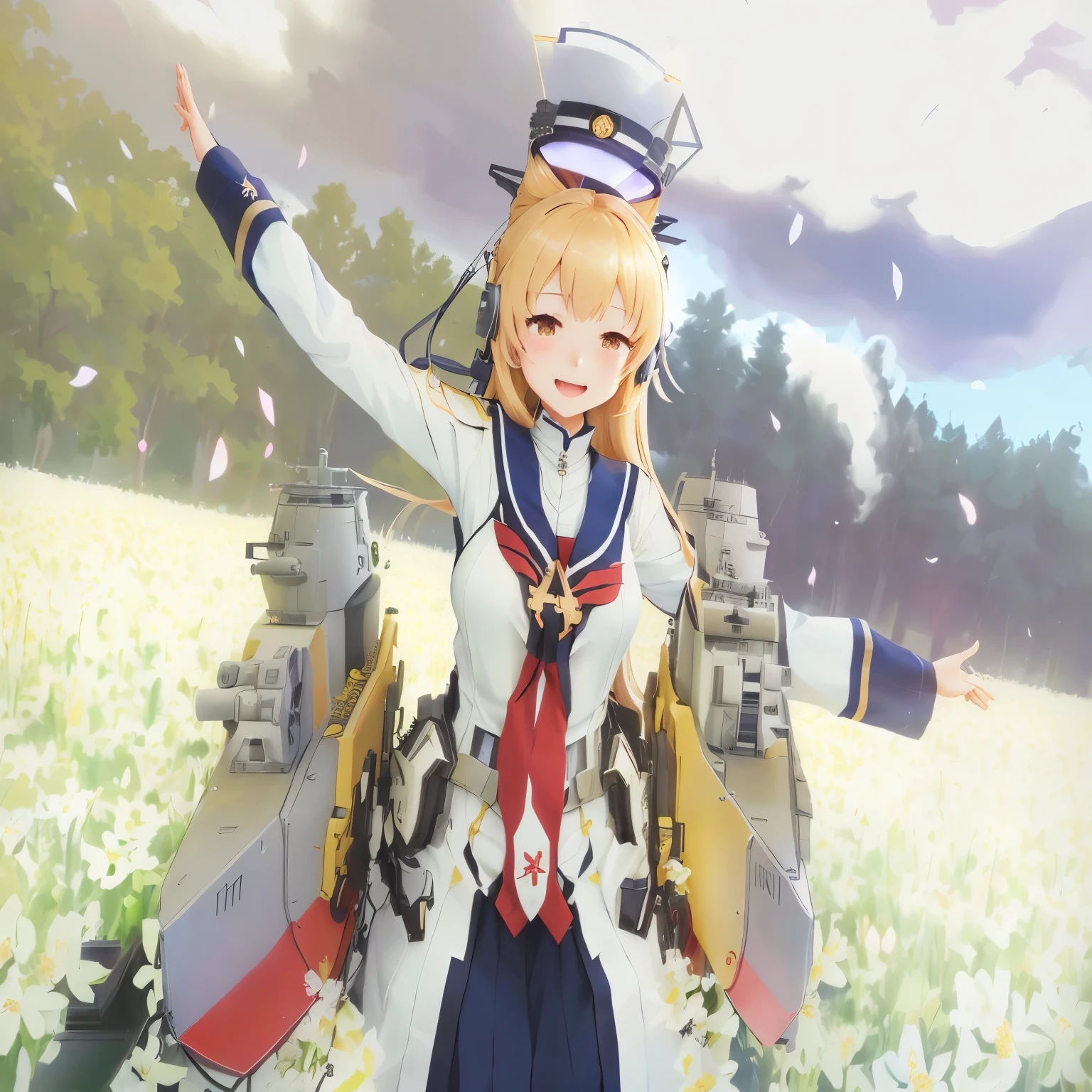 anime girl in uniform with arms outstretched in a field of flowers, from the azur lane videogame, azur lane style, kantai collection arcade, kantai collection style, anime machine gun, kancolle, kinmoza!, sh, happy!!!, prominent keel-mounted turret cannon, konpeki no kantai, anime