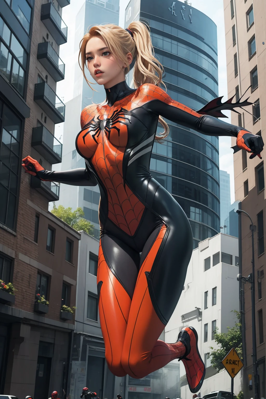 1 girl, blonde ponytail hair, big breast, wearing spidergirl suit, serious face, fullbody shot, jumping on the building,