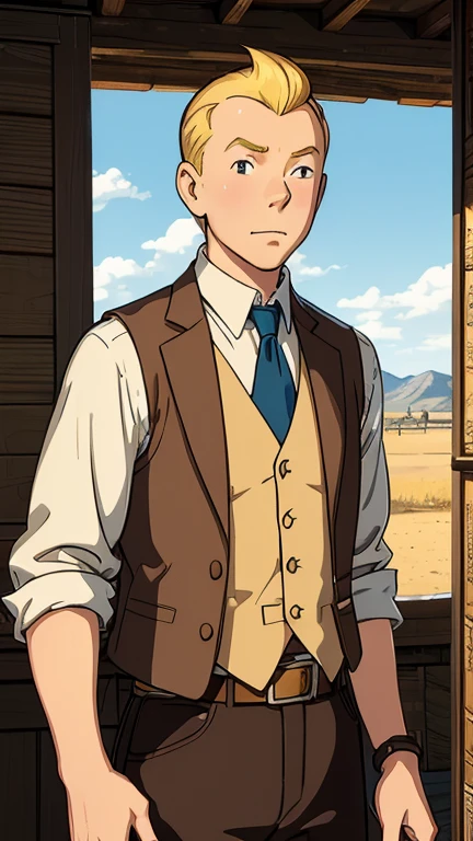 (1man, Tintin,1boy), (extremely detailed CG unit 8k wallpaper),(master part), (best quality), (ultra detail), (best illustration),(western cowboy Style), cowboy shot, (Sharp eyeliner, ombre, detailed eyes:1) ,break , (wearing a vest, shirt. in  a wild west town), upper body,short hair ,blonde hair, 