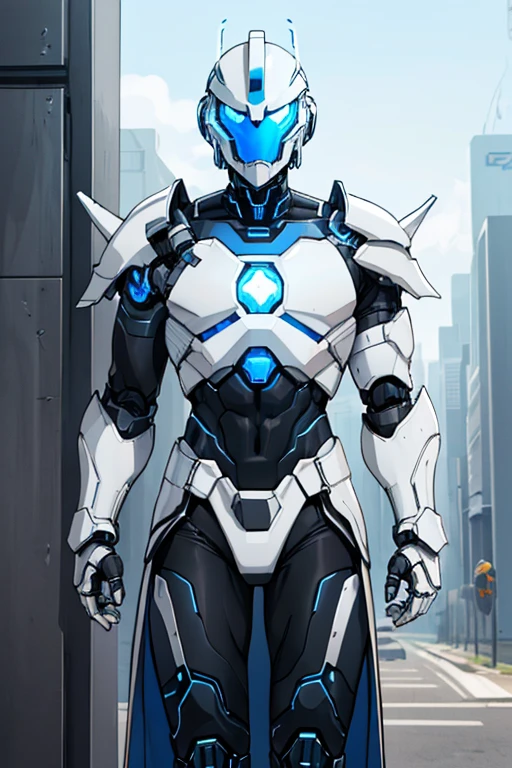 male, blue eyes, robot, black metal body, (((1boy))), (((white cybernetic armor with blue trim))), (white cybernetic gauntlets), (white cybernetic boots), (black tactical belt), (gold badge on shoulder), (white cybernetic helmet), (white mask), long legs
