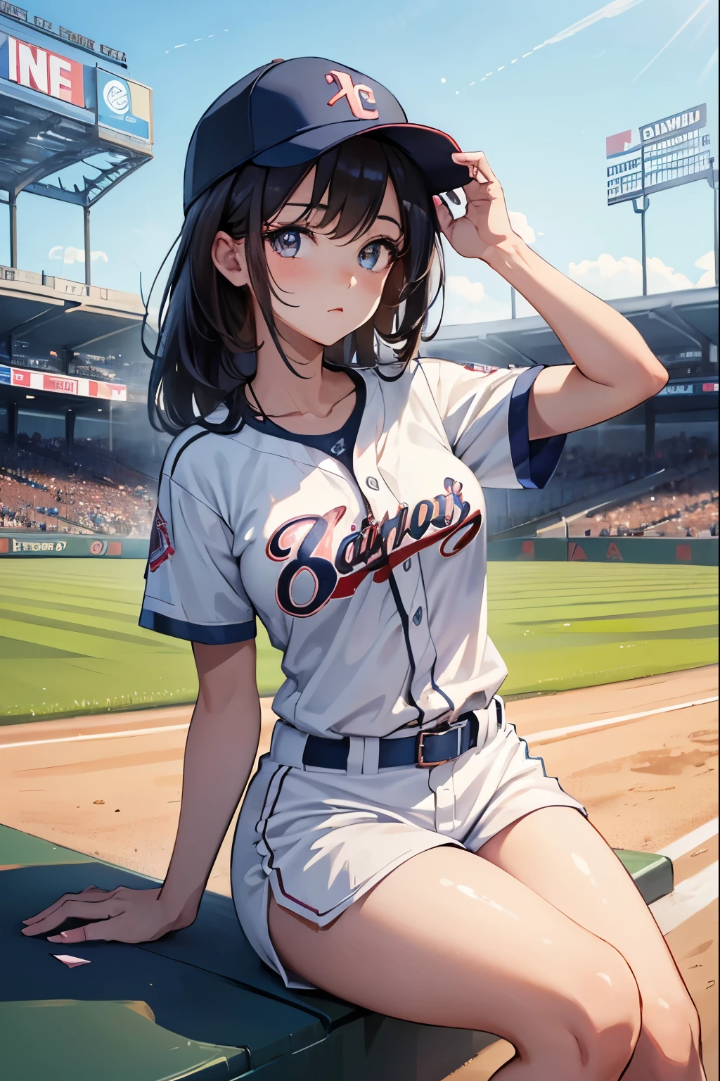 high quality,High resolution,16K,Sharp lines,1 girl,Female baseball player ,Cute Face, Medium chest, Beautiful legs,At the baseball stadium,Focus Girl,Beautiful face in every detail,Detailed clothing,Beautiful Eyes,nice,Dynamic Angle、Holding a bat、Innocent expression、Sexy、Large breasts