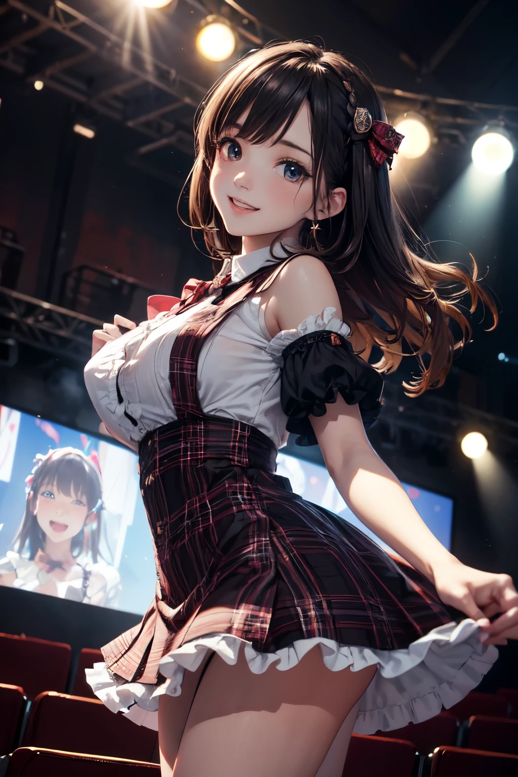 very cute and beautiful girl,(highly detailed beautiful face and eyes),(smile:1.2),happy,
black hair,looking at viewer,dancing,singing,beautiful legs,cowboy shot,
plaid scarlet idol costume like AKB48,teen akiba idol,detailed frills,
live stage,concert hall,spot light,
(best quality,masterpiece),absurdres,highres,ultra-detailed,extremely detailed,32k,8k resolution,
intricate details,cinematic scene,detailed background,solo,dynamic angle,