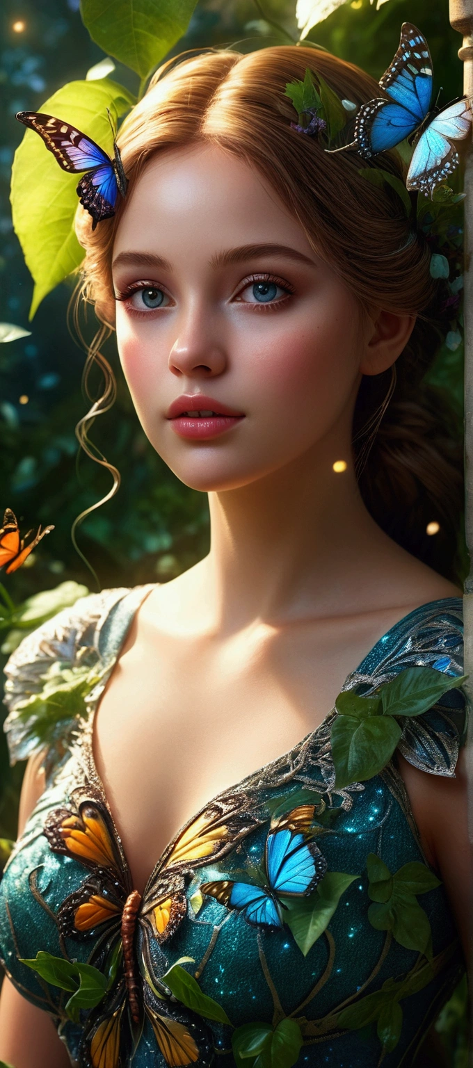 A beautiful girl in a magical garden, detailed eyes, long eyelashes, detailed lips, ornate dress, fantasy butterfly, glowing fireflies, lush foliage, sunlight filtering through leaves, vibrant colors, dreamlike atmosphere, (best quality,4k,8k,highres,masterpiece:1.2),ultra-detailed,(realistic,photorealistic,photo-realistic:1.37),intricate details,cinematic lighting,fantasy art