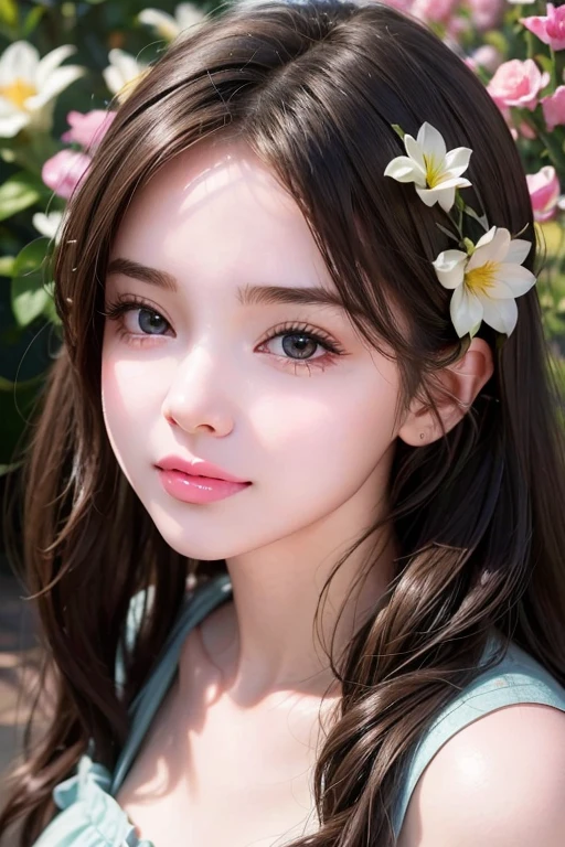 a cute baby girl, beautiful detailed eyes, stunning detailed hair, beautiful detailed smile, happiness, looking at a beautiful little flower, (best quality,4k,8k,highres,masterpiece:1.2),ultra-detailed,(realistic,photorealistic,photo-realistic:1.37),fairy-tale,fantasy,dreamy,soft lighting,warm colors,radiant,glowing,charming,adorable,chubby cheeks