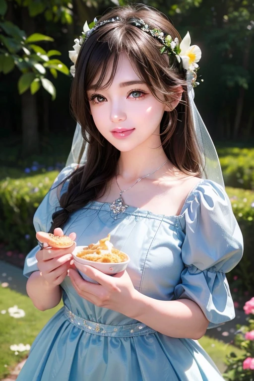 a cute baby girl, beautiful detailed eyes, stunning detailed hair, beautiful detailed smile, happiness, looking at a beautiful little flower, (best quality,4k,8k,highres,masterpiece:1.2),ultra-detailed,(realistic,photorealistic,photo-realistic:1.37),fairy-tale,fantasy,dreamy,soft lighting,warm colors,radiant,glowing,charming,adorable,chubby cheeks
