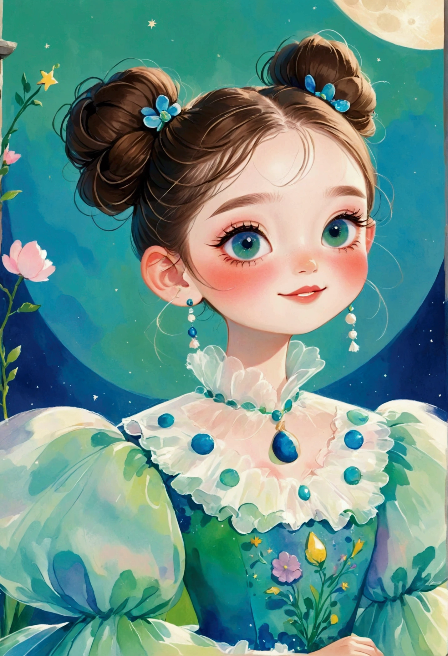 Pastel Art:(1 cute ,Blue pupils,Laugh out loud,High bun,Delicate hair,),(Exaggerated dress,Puffy and exaggerated sleeves,Fluffy,Fluffy白色薄纱),Crescent Moon,green solid color backdrop
