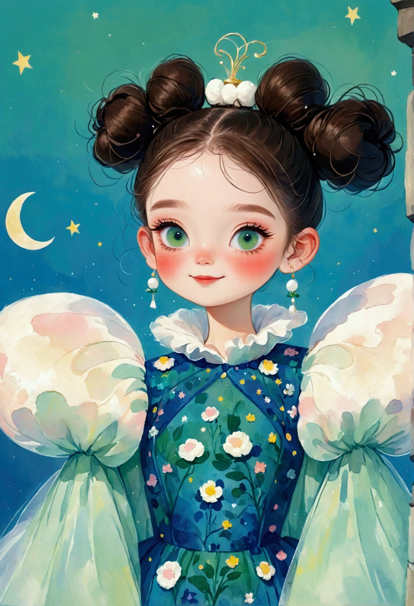 Pastel Art:(1 cute ,Blue pupils,Laugh out loud,High bun,Delicate hair,),(Exaggerated dress,Puffy and exaggerated sleeves,Fluffy,Fluffy白色薄纱),Crescent Moon,green solid color backdrop