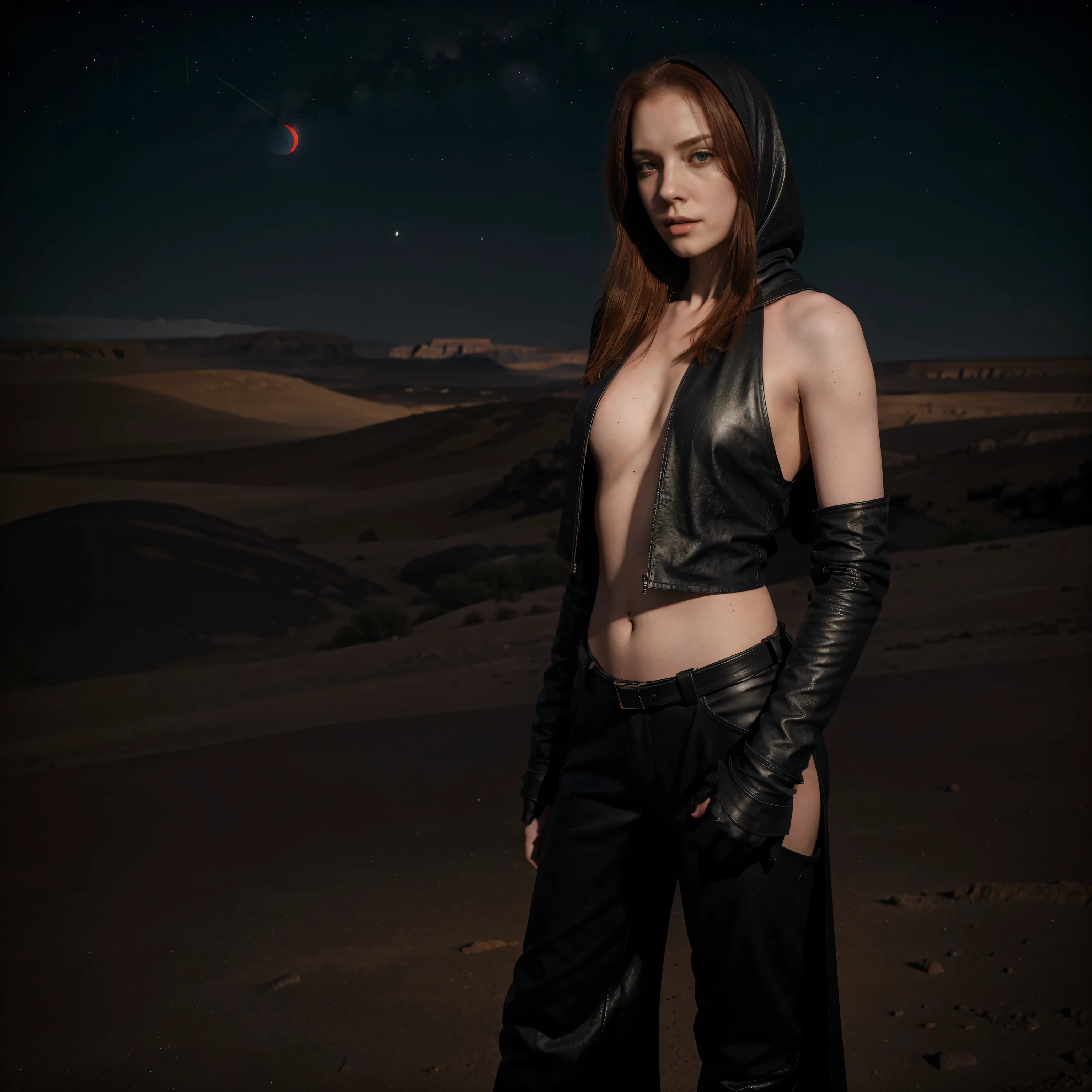A 19 year old woman with very pale skin, red shoulder length hair, green eyes. Wearing a long black hooded cloak, black v neck crop top, black leather trouser, knee high black boots, holding a pistol, The background is rocky desert, with a dark red starry sky with a red planet in the sky. Solo woman
