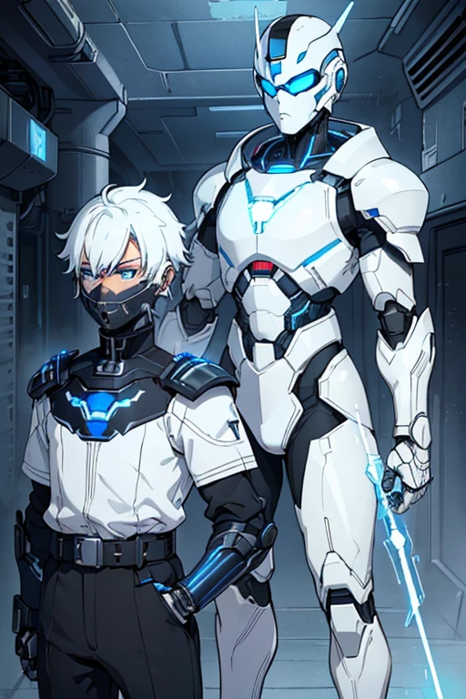 male, blue eyes, robot, black metal body, (((1boy))), (((white cybernetic armor with blue trim))), (white cybernetic gauntlets), (white cybernetic boots), (black tactical belt), (gold badge on shoulder), (white cybernetic helmet), (white mask), long legs