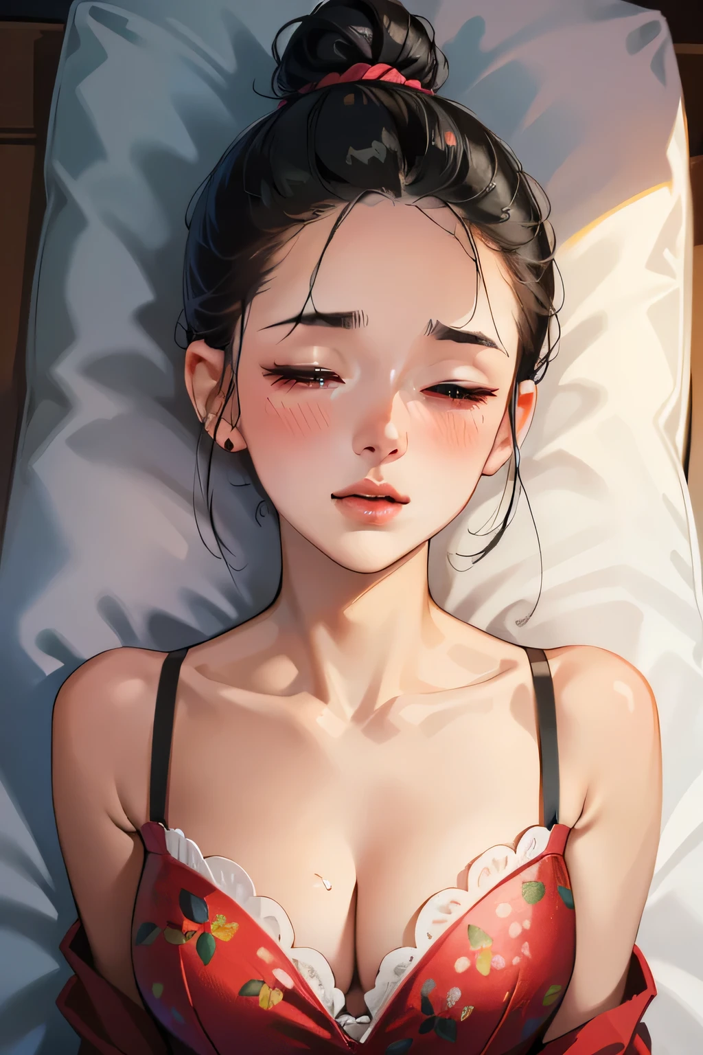 Sexy woman, black hair in a bun, long forehead, medium nose, perfect pink lips seductively parted, deep blush, flustered, beautiful long neck, collarbone, medium chest, partially removed long red floral dress exposing her black bra, bare shoulders and cleavage, blushing intensely, lying on bed, looking tantalizingly sexy