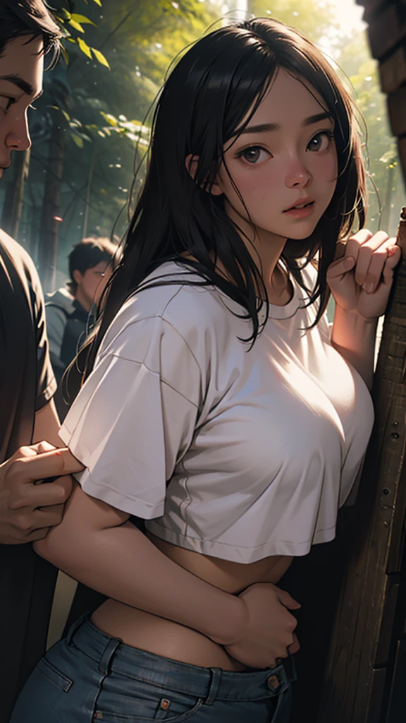 a couple at a camping drunken night party in the forest above the hills, girl wearing short clothes with big hips, detailed face and body, ultra-realistic, cinematic lighting, wide angle 