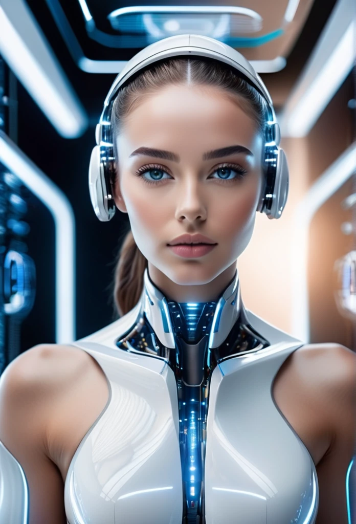 photorealistic, Futuristic representation of a half-human, half-machine AI mind, located in a clean room with cutting-edge technology, Futuristic Aesthetic. Great technological innovation, présentant les avancées de pointe dans ce domaine. Very high quality image, avec une attention exceptionnelle aux détails, Des couleurs vives, and a feeling of depth and realism.

fille humaine, beautiful detailed eyes, beautiful detailed lips, extremely detailed face, long cils, advanced neural interface, glowing fils, white and elegant bedroom, futuristic technology, advanced computer systems, holograms, studio lighting, 8K, photorealistic, cinematic, dramatic lighting, couleurs vives, super detailed