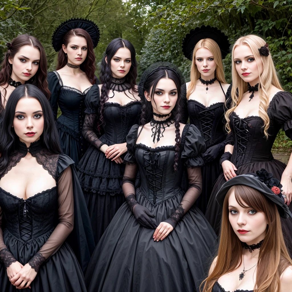 beautiful group of 20 personil woman dutch wearing gothic costume focus on face