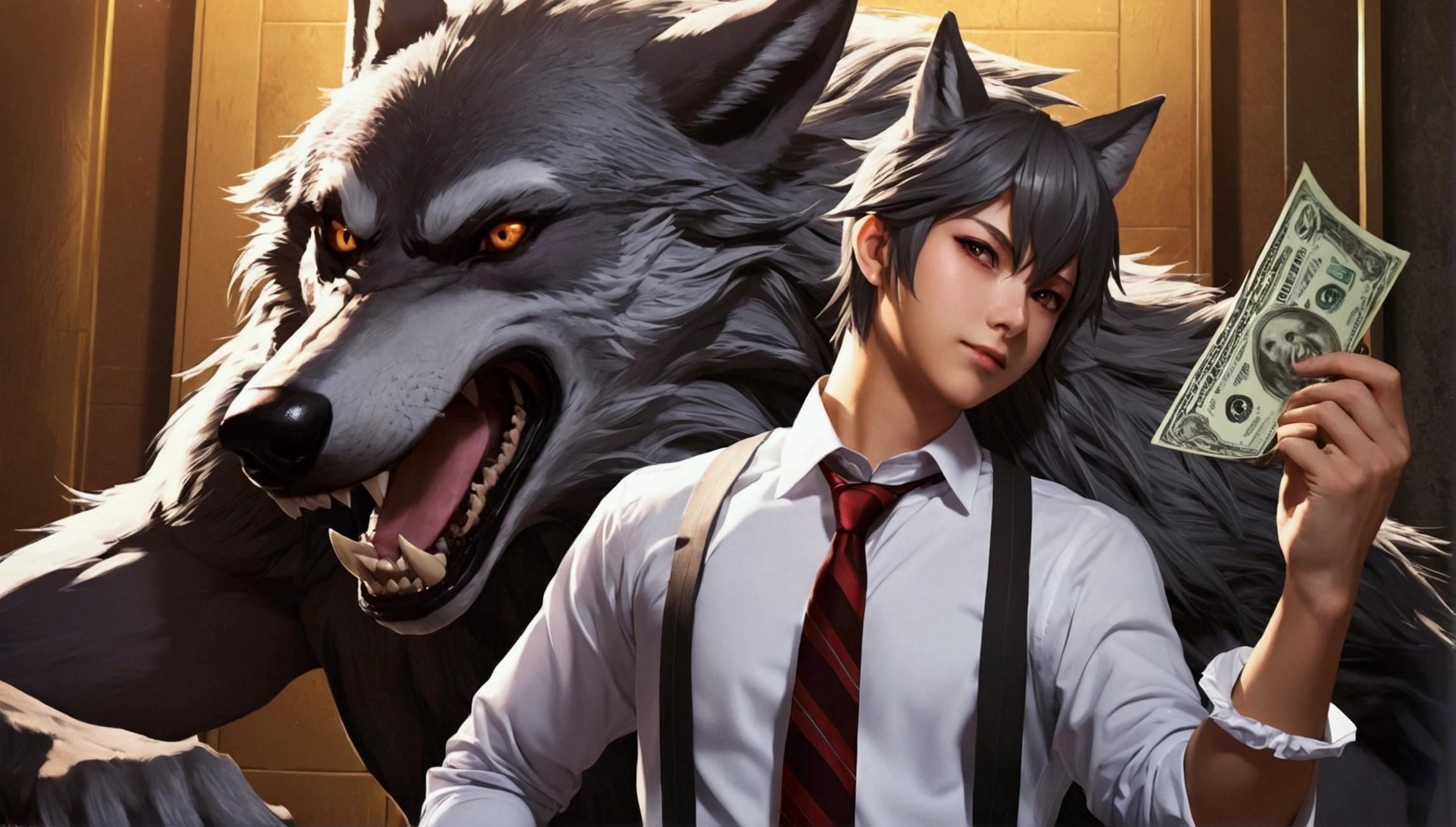 money,Businessman,Werewolf,Wolf Girl,Wolf ears,tail,Beastman,Upper Body,anime