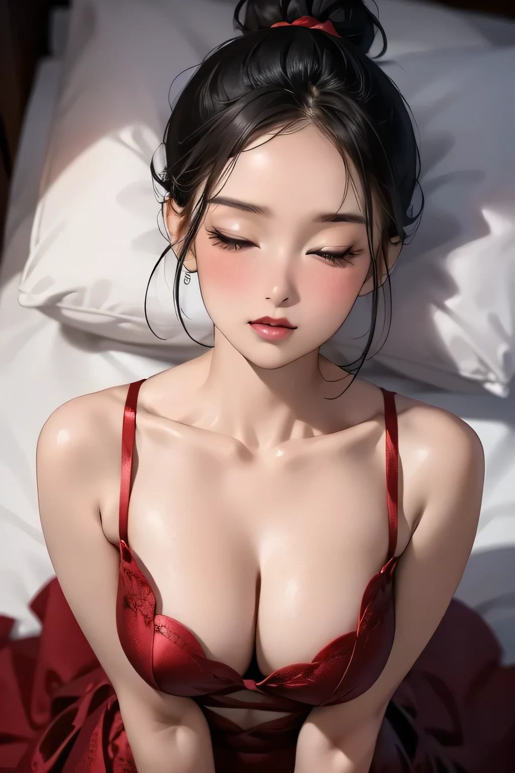 Sexy woman, black hair in a bun, long forehead, medium nose, perfect pink lips seductively parted, deep blush, flustered, beautiful long neck, collarbone, medium chest, partially removed long red floral dress exposing her black bra, bare shoulders and cleavage, blushing intensely, lying on bed, looking tantalizingly sexy