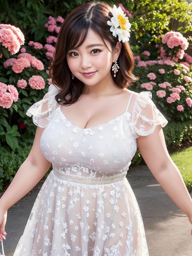 A beautiful and hot almost chubby mature woman.who is wearing a patterned short dress and is and standing in the park. A smiling face、sexy woman、A radiant smile、adorable、race、Frills、Colorful design、Full-length mirror、An inviting gaze、Gorgeous long and beautiful hairstyle、variation Hairstyle、Open neck blouse、Flower Garden、(flower:1.2)、Full body photo、((Delicately decorated dress))、1人, 