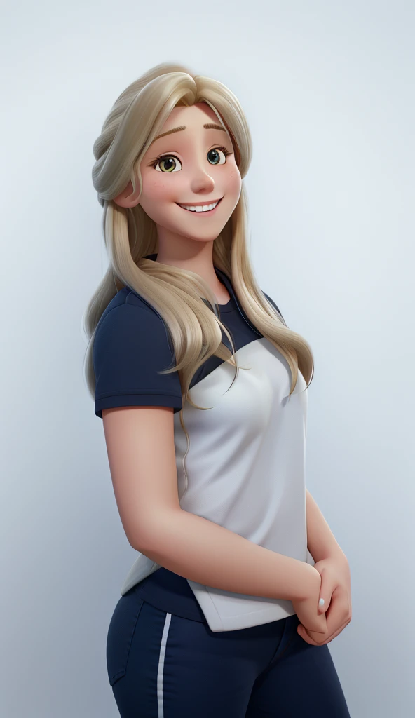 woman, 35 years old, with long blonde hair with highlights, smiling, with a white background