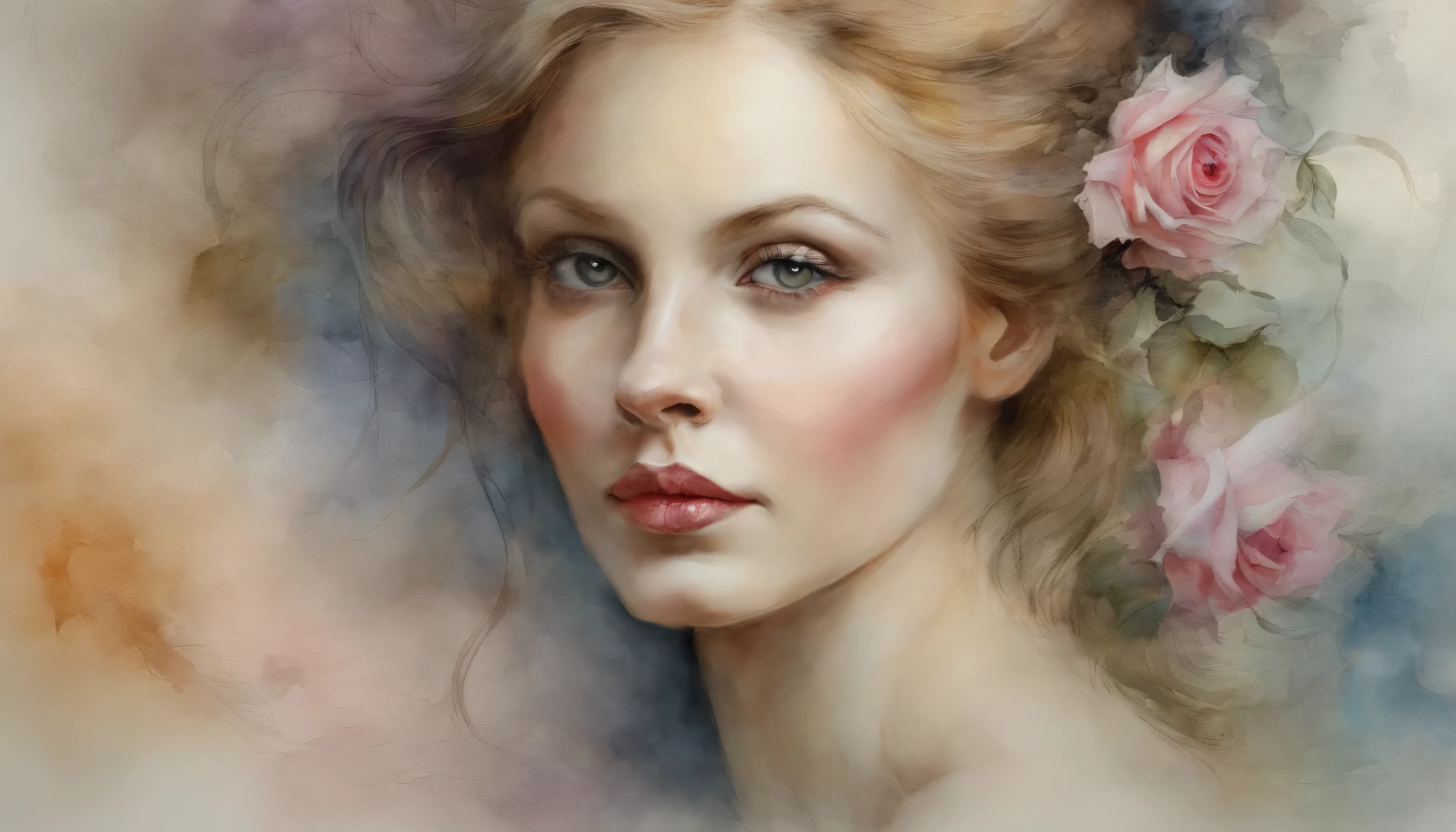 A zoomed-in view of a woman's face, captured in colors Very much a Live,A beautiful big rose in the hair, With brightness her eyes gazing directly at the viewer with an intense expression, her features etched with a sense of mystery and allure, surrounded by wisps of fog, adding an ethereal touch, Sculpture, carved from marble