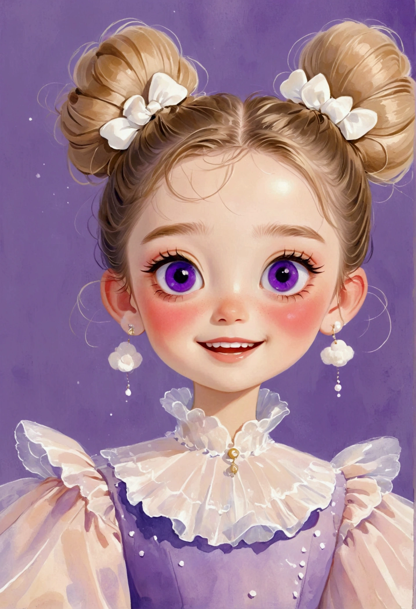 A painting,Pastel Art:(1 cute little girl,Purple pupils,Laugh out loud,teeth,High bun,Delicate hair,),(Exaggerated dress,Puffy and exaggerated sleeves,Fluffy,Fluffy白色薄纱),Purple solid background