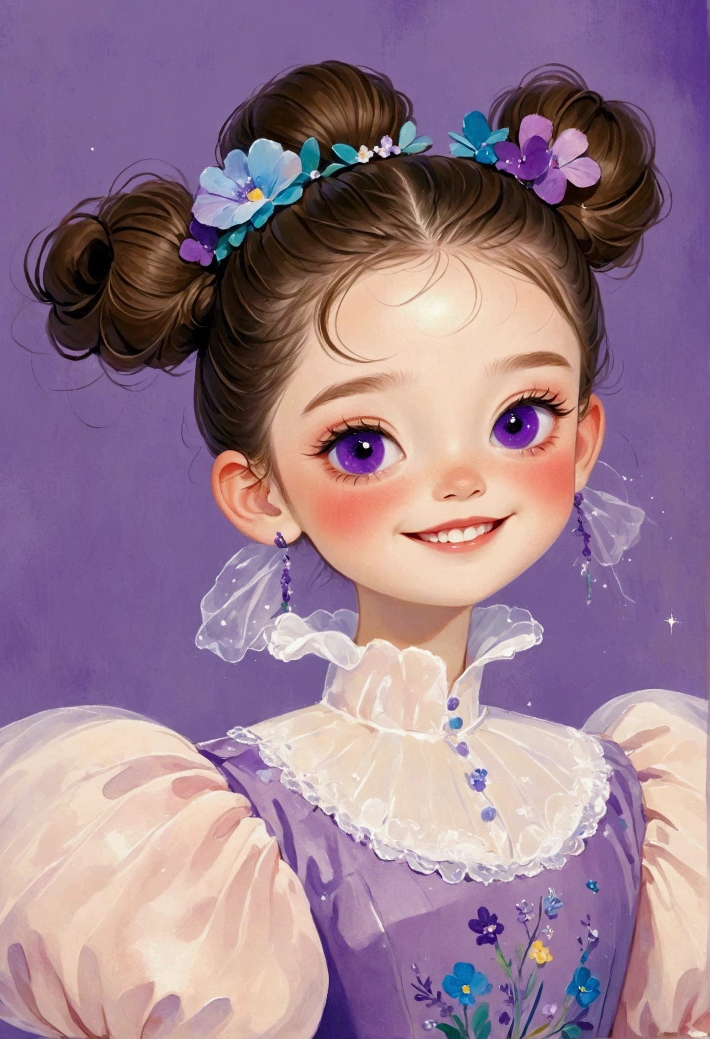 A painting，Pastel Art：(1 cute little girl,Purple pupils，Laugh out loud，teeth，High bun，Delicate hair,)，(Exaggerated dress，Puffy and exaggerated sleeves，Fluffy，Fluffy白色薄纱)，Purple solid background
