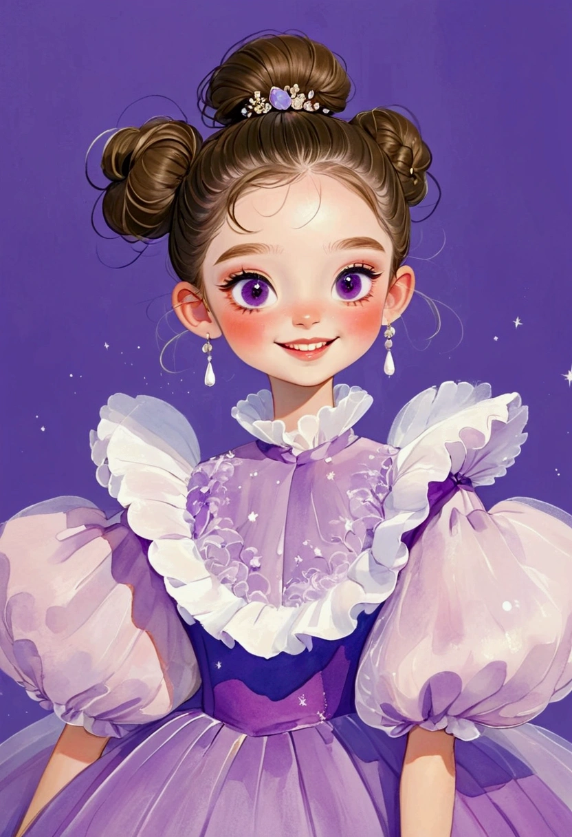 A painting，Pastel Art：(1 cute little girl,Purple pupils，Laugh out loud，teeth，High bun，Delicate hair,)，(Exaggerated dress，Puffy and exaggerated sleeves，Fluffy，Fluffy白色薄纱)，Purple solid background
