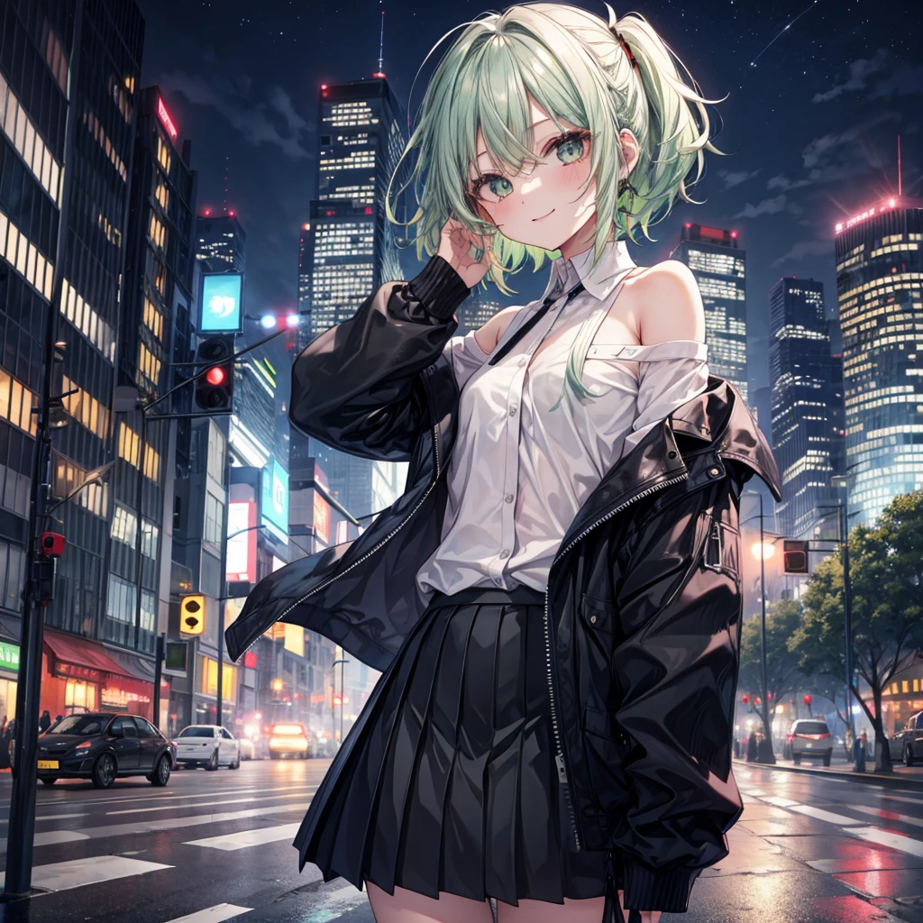 One girl, black_skirt, green_hair, building, city, cityscape, hair_between_eye, Jacket, Looking_in_Audience, Moderate_hair, Multicolor_hair, night, off_shoulder, Outdoor, pleined_skirt, road, shirt, skirt, Skyscraper, smile, 一人in_concentrated, street, white_shirt, (nsfw), sexy,
