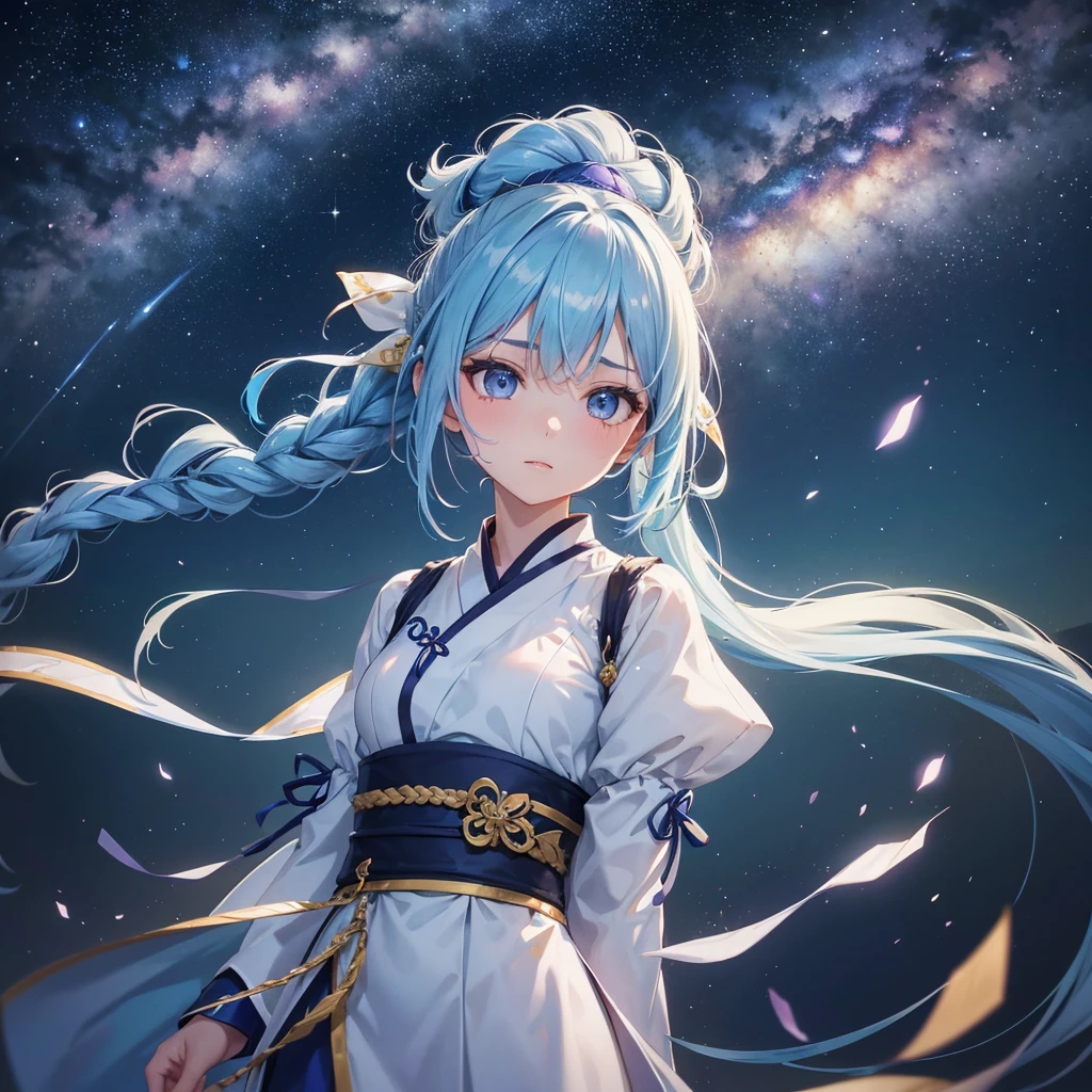 Sky blue hair, (Braided Ponytail), ピンク色のeye,Fair skin ,(whole body),(One Girl),Hanfu,Tanabata,(beautiful, The Milky Way shines in the night sky), eye,,(masterpiece, Highest quality, Very detailed, Best Shadow), (Detailed Background), (Beautifully detailed face), High Contrast, (Best lighting, Very delicate and beautiful), ((Cinematic Light)), colorful, Hyper Detail,8k, Dramatic Light, Intricate details,