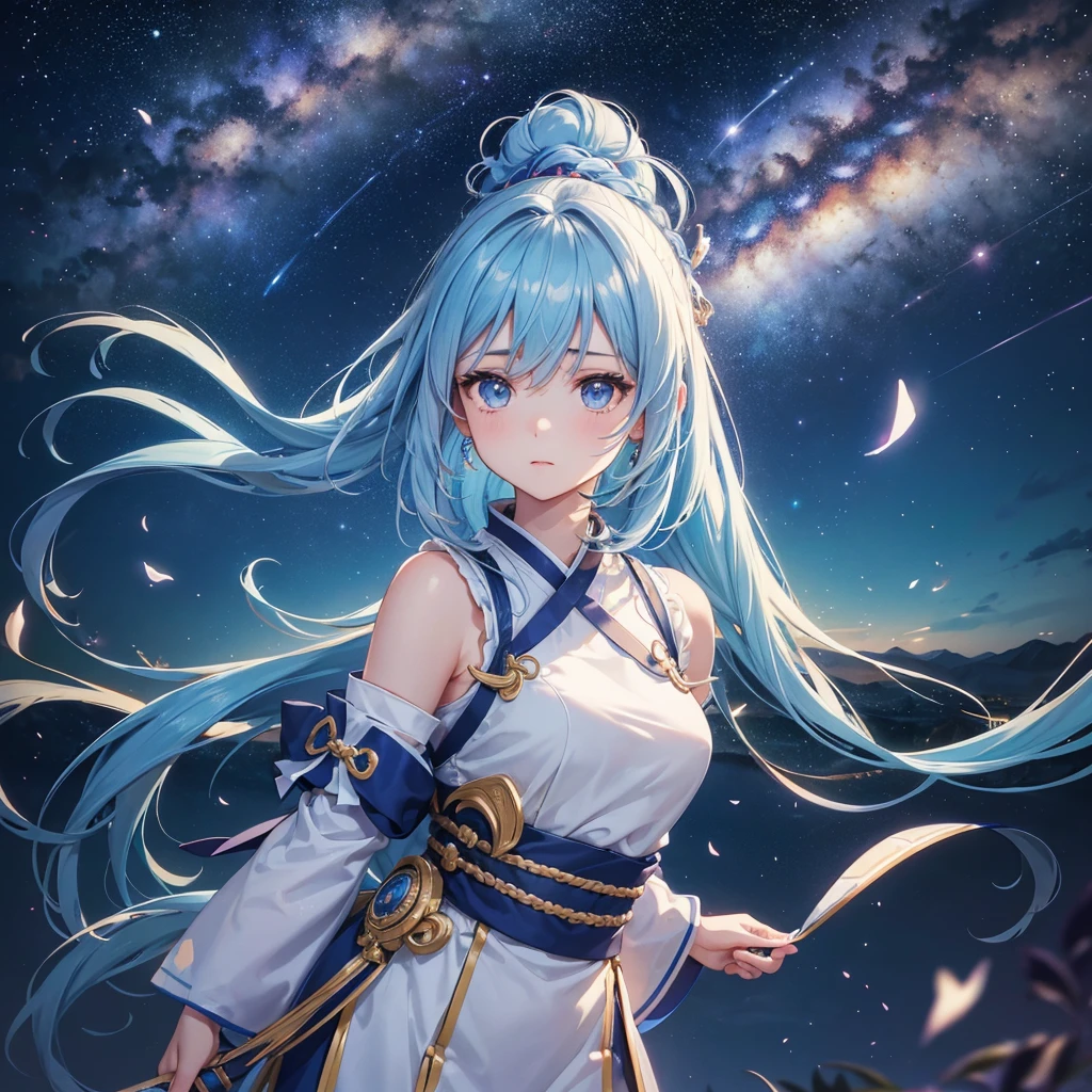 Sky blue hair, (Braided Ponytail), ピンク色のeye,Fair skin ,(whole body),(One Girl),Hanfu,Tanabata,(beautiful, The Milky Way shines in the night sky), eye,,(masterpiece, Highest quality, Very detailed, Best Shadow), (Detailed Background), (Beautifully detailed face), High Contrast, (Best lighting, Very delicate and beautiful), ((Cinematic Light)), colorful, Hyper Detail,8k, Dramatic Light, Intricate details,