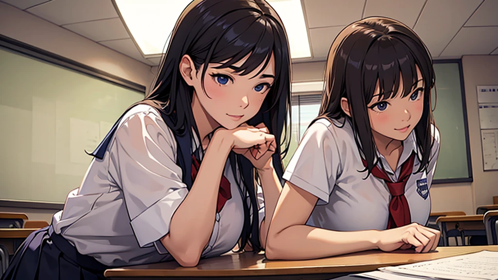 School classroom。Sexy male teacher stroking high school girl's hair with his hand。At the same time, I smell her hair.。