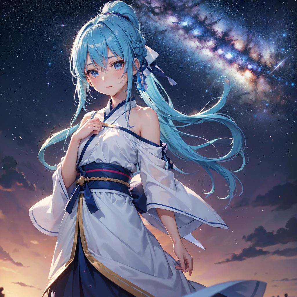 Sky blue hair, (Braided Ponytail), ピンク色のeye,Fair skin ,(whole body),(One Girl),Hanfu,Tanabata,(beautiful, The Milky Way shines in the night sky), eye,,(masterpiece, Highest quality, Very detailed, Best Shadow), (Detailed Background), (Beautifully detailed face), High Contrast, (Best lighting, Very delicate and beautiful), ((Cinematic Light)), colorful, Hyper Detail,8k, Dramatic Light, Intricate details,
