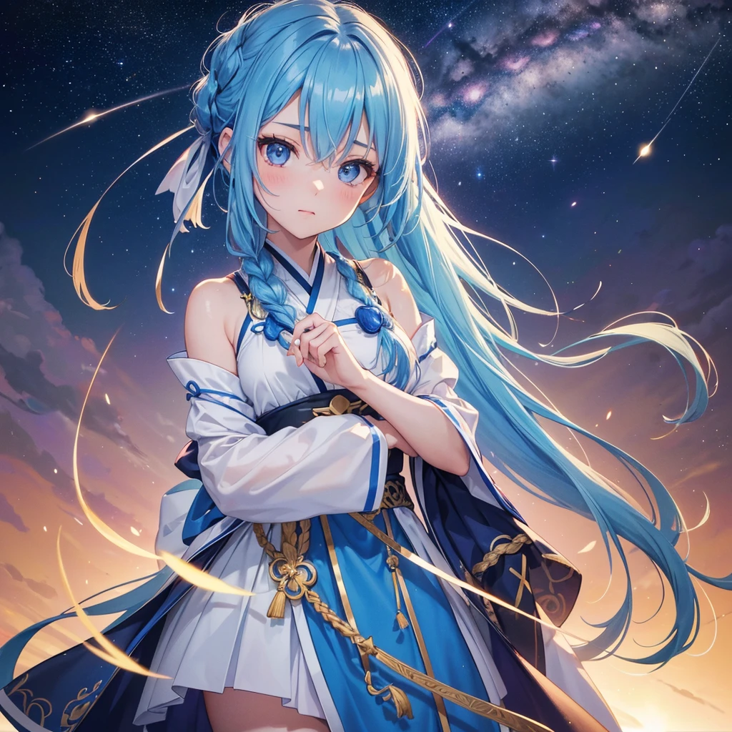 Sky blue hair, (Braided Ponytail), ピンク色のeye,Fair skin ,(whole body),(One Girl),Hanfu,Tanabata,(beautiful, The Milky Way shines in the night sky), eye,,(masterpiece, Highest quality, Very detailed, Best Shadow), (Detailed Background), (Beautifully detailed face), High Contrast, (Best lighting, Very delicate and beautiful), ((Cinematic Light)), colorful, Hyper Detail,8k, Dramatic Light, Intricate details,