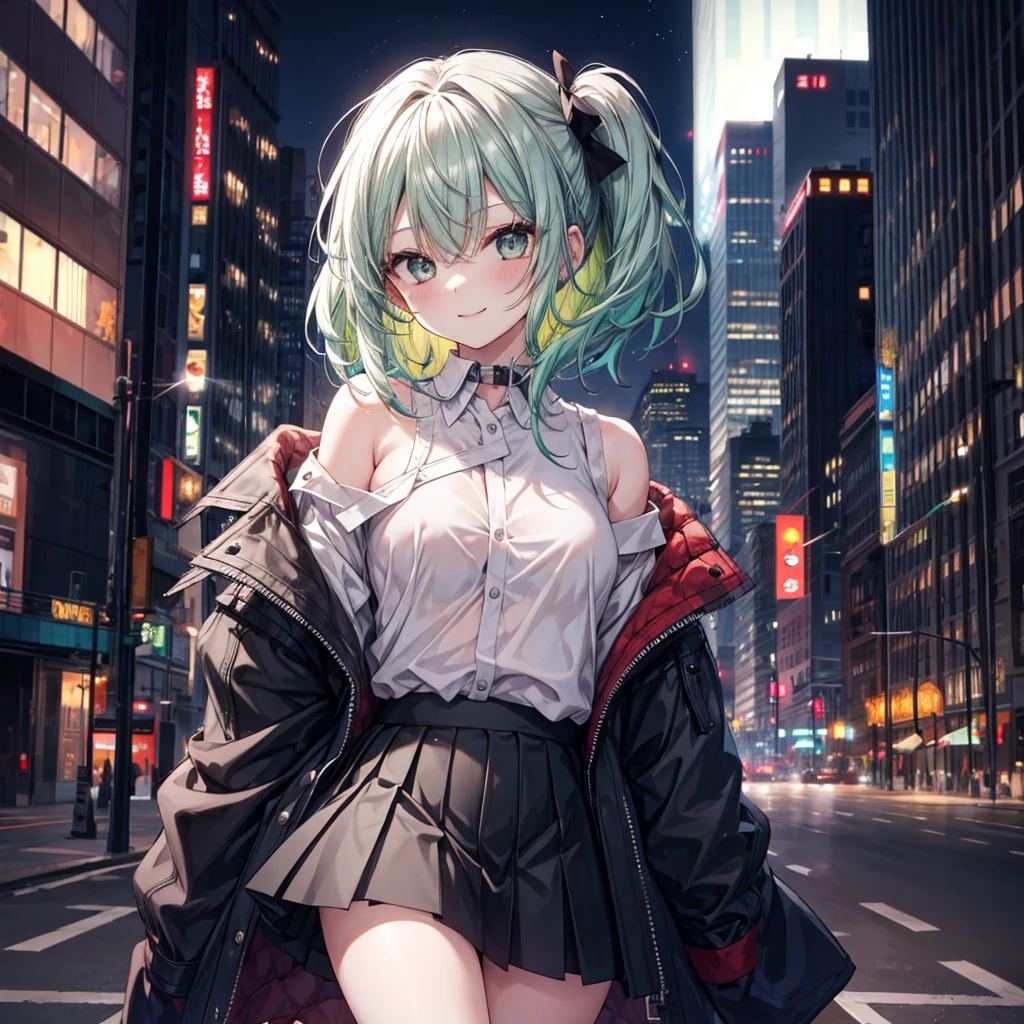 One girl, black_skirt, green_hair, building, city, cityscape, hair_between_eye, Jacket, Looking_in_Audience, Moderate_hair, Multicolor_hair, night, off_shoulder, Outdoor, pleined_skirt, road, shirt, skirt, Skyscraper, smile, 一人in_concentrated, street, white_shirt, (nsfw), sexy,