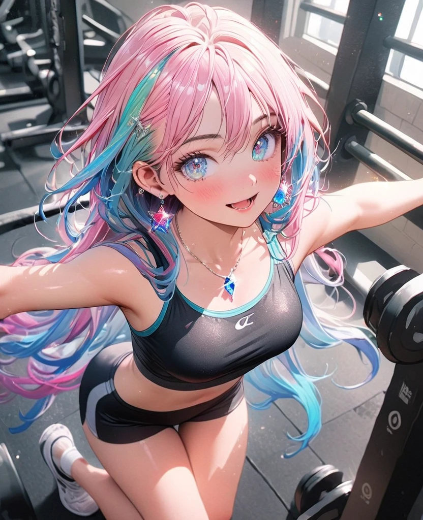 8K,gal,an extremely delicate and beautiful,Beautiful and realistic skin,Shiny jewel-like earrings,Shine like glitter long colorful hair,beautiful eyes,full body,Clothes are transparent,training at the gym