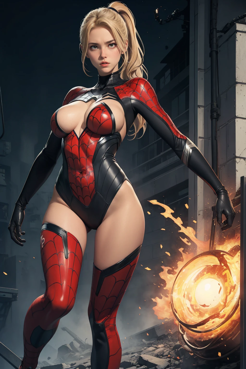 1 girl, blonde ponytail hair, big , wearing spidergirl suit, serious face, fullbody shot, shooting web,