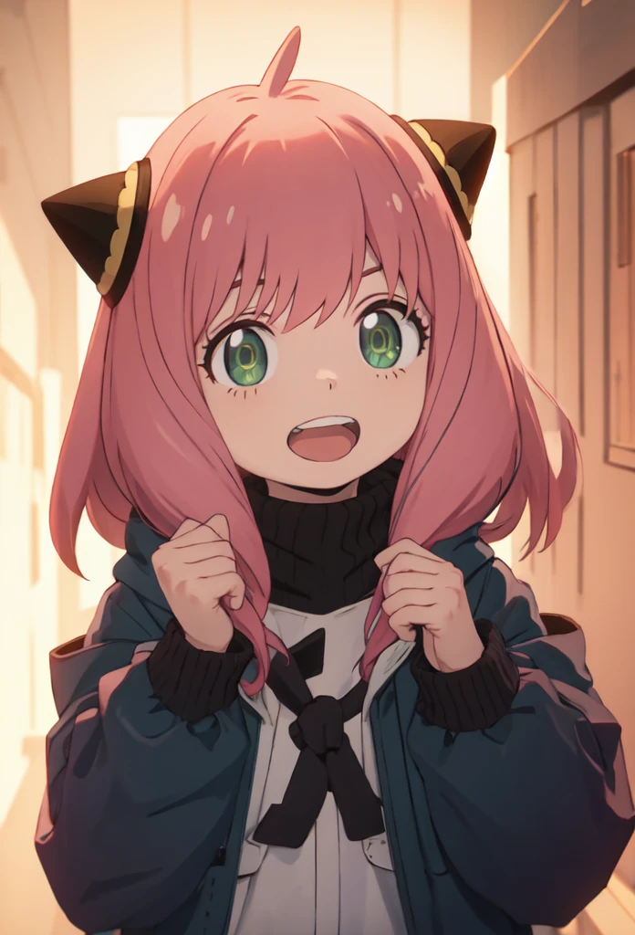 best quality, masterpiece, highres, solo, (anya_forger_spyxfamily:1.10), 1girl, , coat, hairpods, meme, long sleeves, fur trim, open mouth, upper body, looking at viewer, teeth, anime_style, 15 