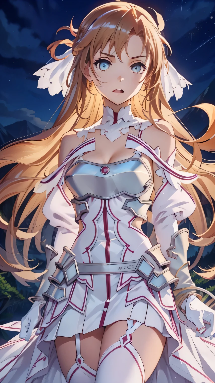 {{{masterpiece}}}, {{{best quality}}}, {{ultra-detailed}}, {illustration}, {{an extremely delicate and beautiful}}, (beautiful detailed eyes:1.6), extremely detailed face, 16k, anime face, asuna (Goddess of Creation Stacia), stacia, staciansfw, cute face, Long hair, Bangs ,Detailed eyes, orange hair, brown eyes, very long hair, medium breasts, thin waist, big hips, curvaceous, Orange leotard, gloves, white dress, (cleavage:1.0), bare shoulders, white gloves, (chest open:1.0), armor, white thighs, white thighhighs, garter straps, white armor, thighs, zettai ryouiki, BREAK, open mouth, stern expression, glare at, (rapier:1.2), long and thin sword, have sword, swordup, looking at viewer, close-up, outdoor, battoujutsu, sky, mountain, night, forest, field