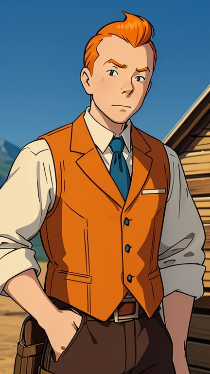 (1man, Tintin,1boy), (extremely detailed CG unit 8k wallpaper),(master part), (best quality), (ultra detail), (best illustration),(western cowboy Style), cowboy shot, (Sharp eyeliner, ombre, detailed eyes:1) ,break , (wearing a vest, shirt. in  a wild west town), upper body,short hair ,orange hair, 