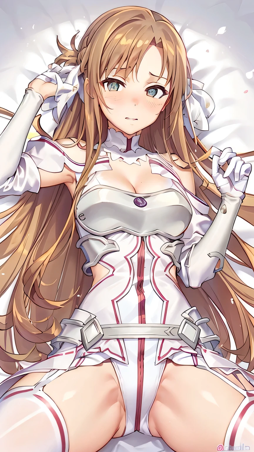 {{{masterpiece}}}, {{{best quality}}}, {{ultra-detailed}}, {illustration}, {{an extremely delicate and beautiful}}, (beautiful detailed eyes:1.6), extremely detailed face, 8k, anime face, asuna (Goddess of Creation Stacia), stacia, staciansfw, cute face, Long hair, Bangs ,Detailed eyes, orange hair, brown eyes, very long hair, medium breasts, thin waist, big hips, curvaceous, Orange leotard, gloves, white dress, (cleavage:1.0), bare shoulders, white gloves, (chest open:1.0), armor, white thighs, white thighhighs, garter straps, white armor, thighs, zettai ryouiki, BREAK, spread legs,sexy pose, cute face, embarrassed, naughty expression, flushed cheeks, on the bed, On your back, peer in from below, looking at viewer, whole body, indoor, white pants