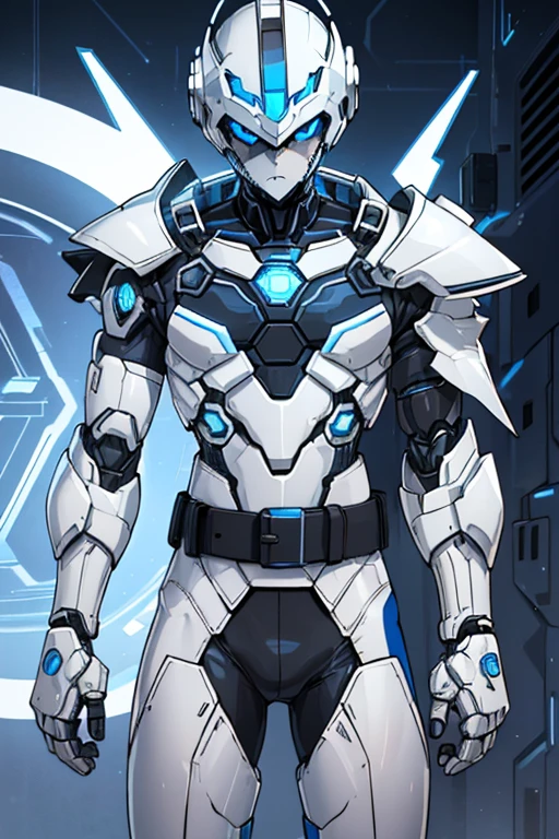 male, blue eyes, robot, black metal body, (((1boy))), (((white cybernetic armor with blue trim))), (white cybernetic gauntlets), (white cybernetic boots), (black tactical belt), (gold badge on shoulder), (white cybernetic helmet), (white mask), long legs