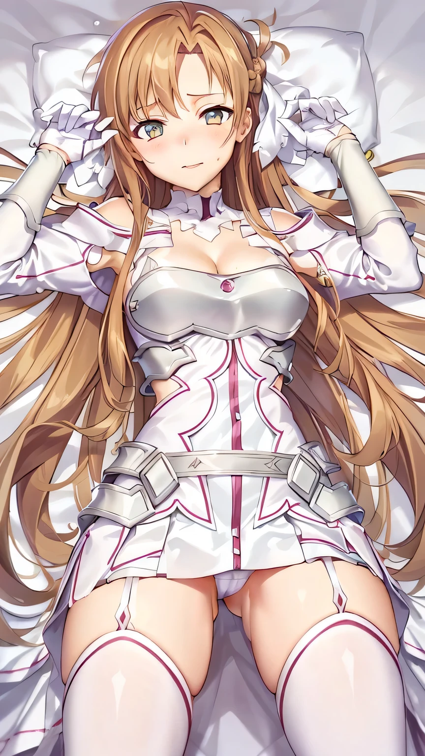 {{{masterpiece}}}, {{{best quality}}}, {{ultra-detailed}}, {illustration}, {{an extremely delicate and beautiful}}, (beautiful detailed eyes:1.6), extremely detailed face, 8k, anime face, asuna (Goddess of Creation Stacia), stacia, staciansfw, cute face, Long hair, Bangs ,Detailed eyes, orange hair, brown eyes, very long hair, medium breasts, thin waist, big hips, curvaceous, Orange leotard, gloves, white dress, (cleavage:1.0), bare shoulders, white gloves, (chest open:1.0), armor, white thighs, white thighhighs, garter straps, white armor, thighs, zettai ryouiki, BREAK, spread legs,sexy pose, cute face, embarrassed, naughty expression, flushed cheeks, on the bed, On your back, peer in from below, looking at viewer, whole body, indoor, white pants