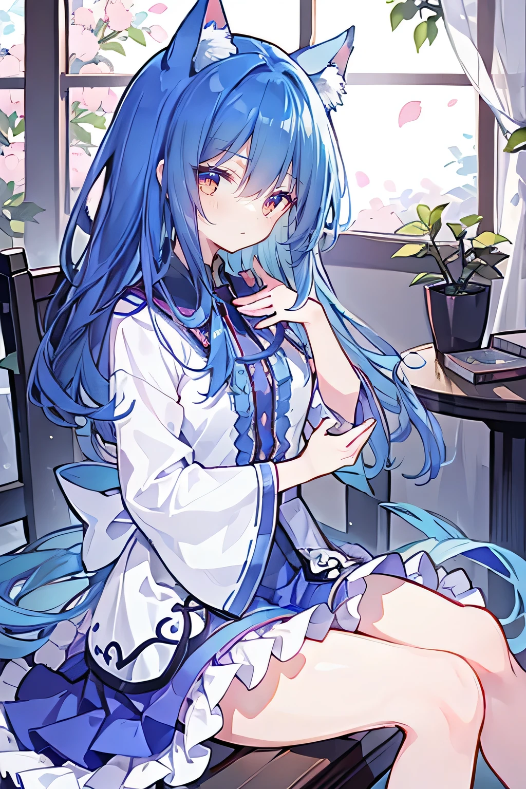 (masterpiece:1.2),Super detailed,lifelike,Expressive eyes,fair skin,perfect face shape,1 girl,
Japanese comics,Gorgeous blue hair,flowing blue hair,flowing clothes,Cat ears,Petals fall,beautiful lola,Baby Angel,
Shaking head with one hand,Cross your legs,,The pavilion is cool and comfortable,smile,back views,sunrise,Petals fall,sitting on window sill drinking coffee and looking out the window