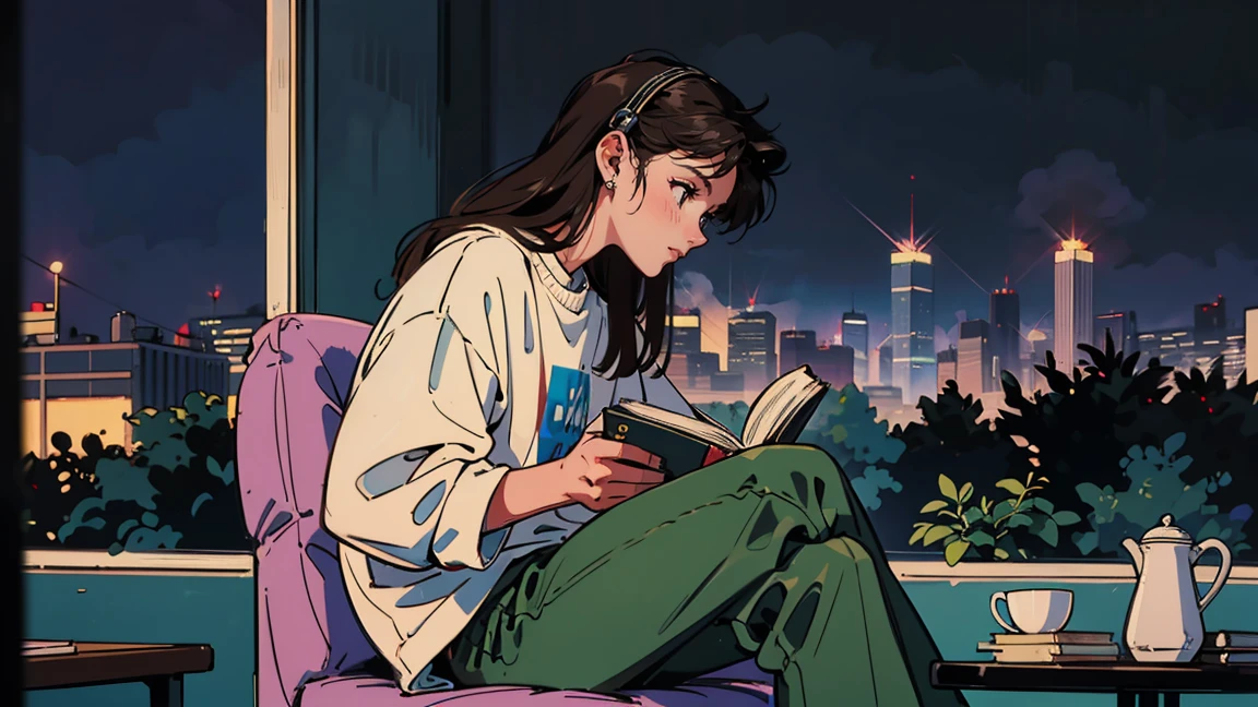 Highest quality, 8k, 1980s style,1980s Hairstyles, 21 year old girl, Black Hair, Long Hair, Light brown eyes, City Pop, pants ,Night view, He is wearing headphones and looking down while reading a book., whole body, Relax Coffee,table