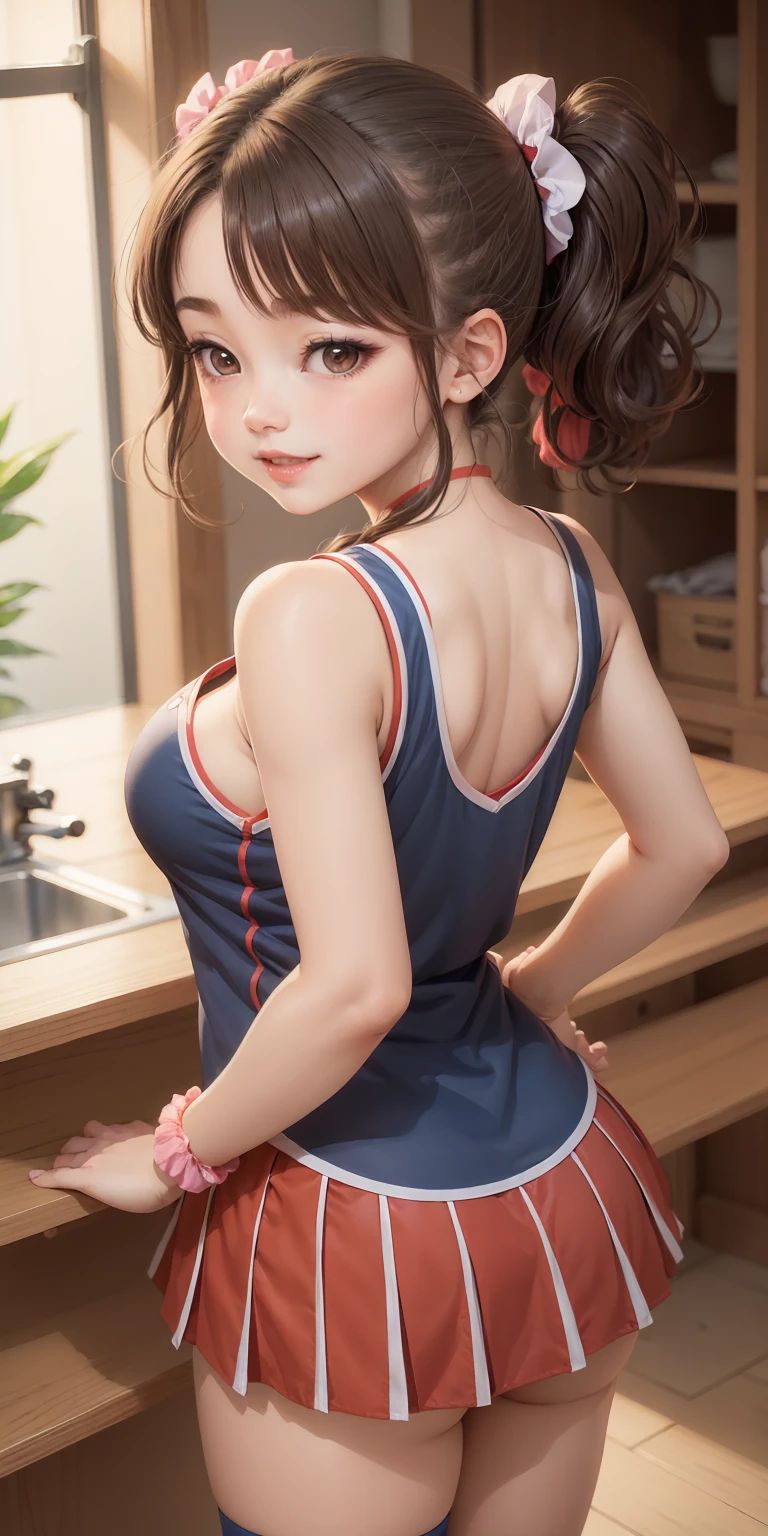 adorable , japanese high school girl, (baby face:0.7), flashy cheerleader cosplay,sleeveless,scrunchie,   (smile, grin:0.6), suggestive,(hair dark  medium hair:1), cleavage,(from back , look behind:1.3)