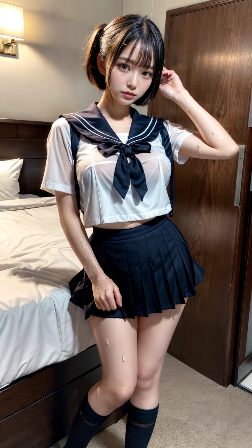 muste piece, best quality, illustration, Super detailed, fine details, High resolution, 8K,wall paper, perfect dynamic composition,(Details High quality, realistic depiction of eyes:1.3), (short bob hair), (Black Sailor Uniform, serafuku, Navy pleated skirt), (nup, see through, wet:1.2), huge breasts, black hair color, Big Natural Color Lip, bold sexy pose, crying a little、Harajuku style、20 year old girl、cute type、lolita、beautiful legs, hotel room, full body photo、focus on crotch, hposing Gravure Idol