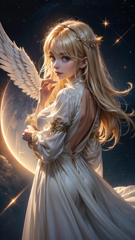 from front, looking straight at viewer, from above:1.2, baby girl angel, gentle smile, big eyes, blonde, A neat god with sleeves that hide his chest々Dresses, A dazzling light from behind, Angel wings on the back, Glowing space background, Prayer-like pose, photorealistic