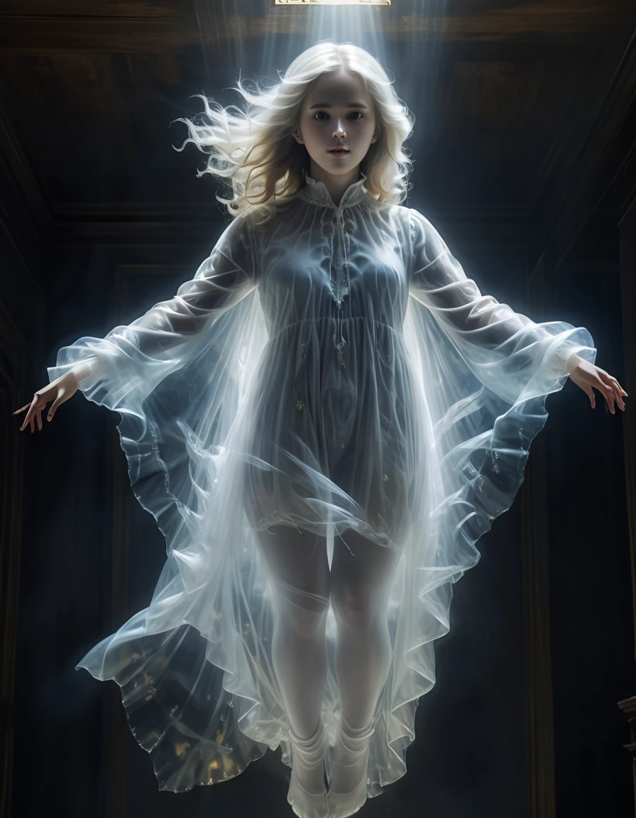 A beautiful transparent young and cute lady ghost,
From below, upside down, chiaroscuro, UHD, masterpiece, super detail, high details, high quality, award winning, best quality, highs, 16k,