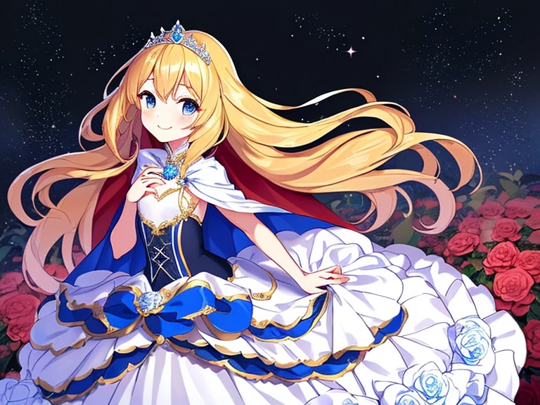 best quality,(long train blue cape:1.15),(long train white ball gown with floral decoration:1.15), a girl is wearing a cape over her dress, anime style, rococo style, little princess, tiara, kind smile, very long hair, small breast, perfect fingers, masterpiece