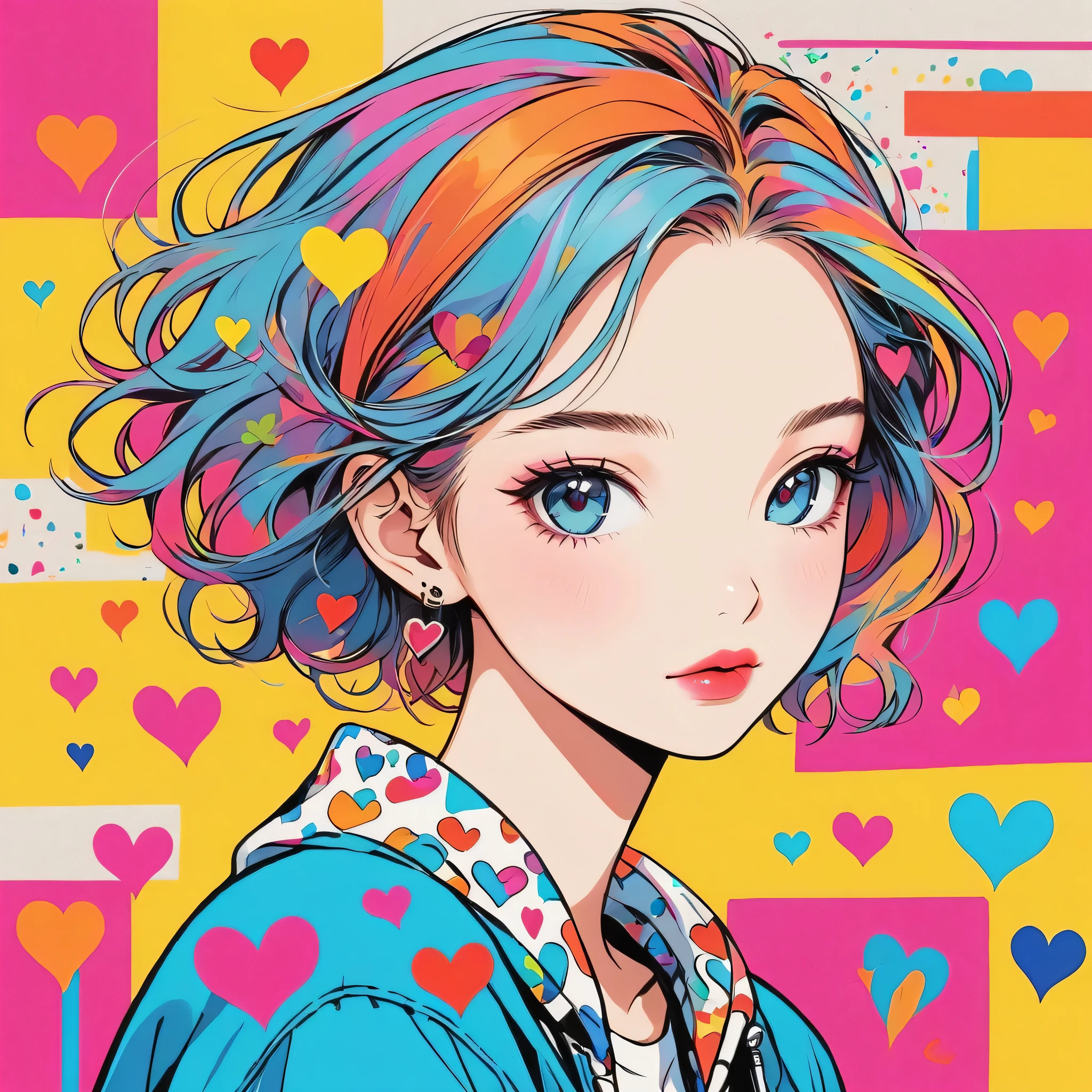 Keith Haring colorful style, Simple Line Initialism，Abstract art，Urban Background, (((The most beautiful girl of all time))), Sweet face. Lips in love, colorful hearts, stylish design
