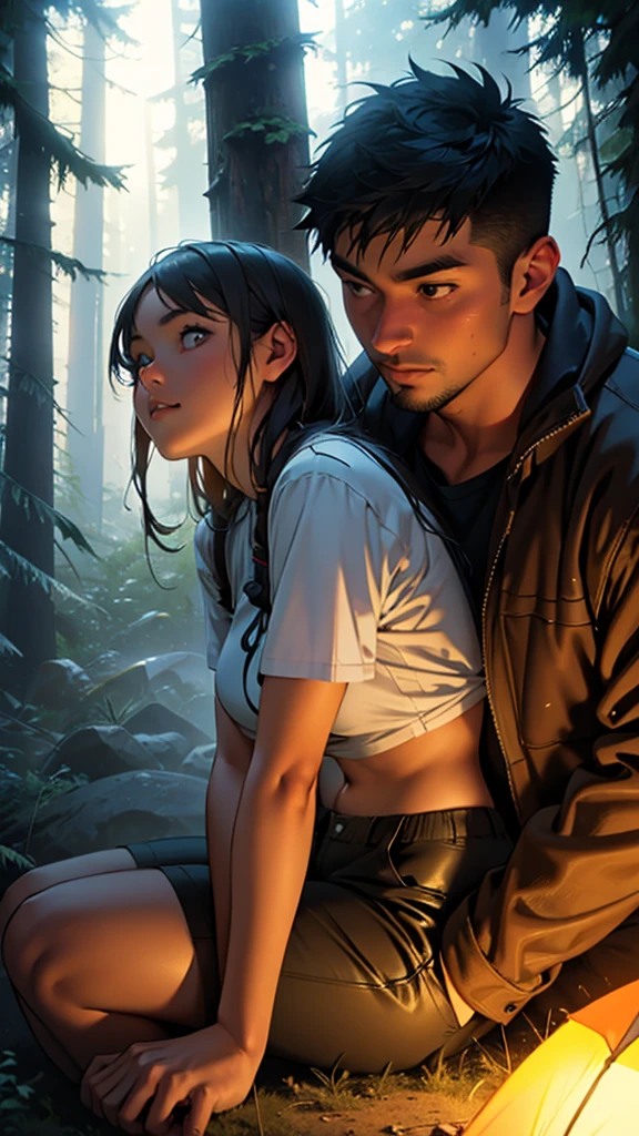 a couple at a camping drunken night party in the forest above the hills, girl wearing short clothes with big hips, detailed face and body, ultra-realistic, cinematic lighting, wide angle visible area