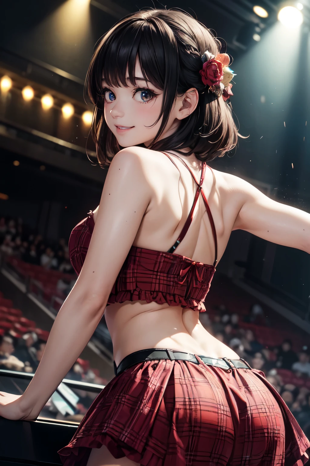 very cute and beautiful girl,(highly detailed beautiful face and eyes),(smile:1.2),happy, black hair,looking at viewer,dancing,(looking back,from behind,from below), plaid scarlet idol costume like AKB48,teen akiba idol,detailed frills, live stage,concert hall,spot light, (best quality,masterpiece),absurdres,highres,ultra-detailed,extremely detailed,32k,8k resolution, intricate details,cinematic scene,detailed background,solo,dynamic angle,